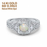 14K White Gold 0.09ct Round Antique Style 5mm G SI Natural White Opal Diamond Engagement Wedding Ring Size 6.5