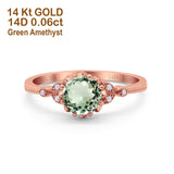 14K Rose Gold 1.34ct Round Art Deco Fashion 7mm G SI Natural Green Amethyst Diamond Engagement Wedding Ring Size 6.5