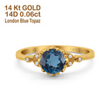 14K Yellow Gold 1.34ct Round Art Deco Fashion 7mm G SI London Blue Topaz Diamond Engagement Wedding Ring Size 6.5