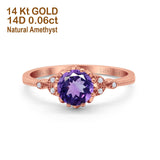 14K Rose Gold 1.34ct Round Art Deco Fashion 7mm G SI Natural Amethyst Diamond Engagement Wedding Ring Size 6.5