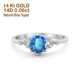 14K White Gold 1.34ct Round Art Deco Fashion 7mm G SI Natural Blue Topaz Diamond Engagement Wedding Ring Size 6.5