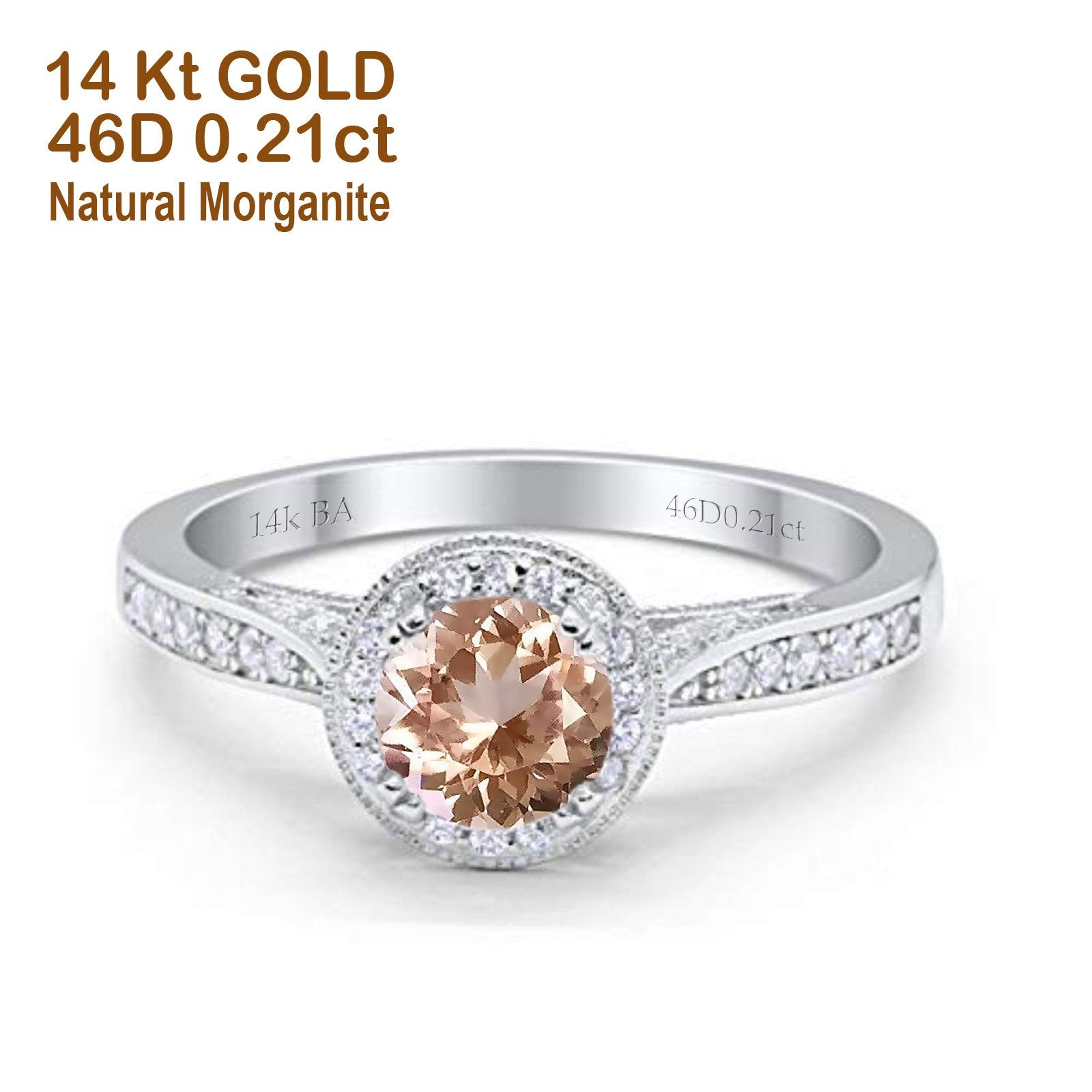14K White Gold 0.67ct Round Halo 6.5mm G SI Natural Morganite Diamond Engagement Wedding Ring Size 6.5