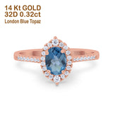 14K Rose Gold 1.53ct Oval London Blue Topaz G SI Diamond Engagement Ring Size 6.5
