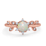 14K Rose Gold Round Natural White Opal G SI 0.18ct Diamond Engagement Ring Size 6.5