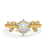 14K Yellow Gold Round Natural White Opal G SI 0.18ct Diamond Engagement Ring Size 6.5