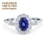 14K White Gold 0.9ct Oval 7mmx5mm G SI Nano Blue Sapphire Diamond Engagement Wedding Ring Size 6.5