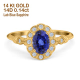 14K Yellow Gold 0.9ct Oval 7mmx5mm G SI Nano Blue Sapphire Diamond Engagement Wedding Ring Size 6.5