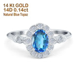 14K White Gold 0.9ct Oval 7mmx5mm G SI Natural Blue Topaz Diamond Engagement Wedding Ring Size 6.5