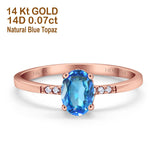 14K Rose Gold 1.28ct Oval 8mmx6mm G SI Natural Blue Topaz Diamond Engagement Wedding Ring Size 6.5