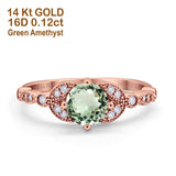 14K Rose Gold 0.96ct Round Art Deco 6mm G SI Natural Green Amethyst Diamond Engagement Wedding Ring Size 6.5