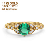 14K Yellow Gold 0.96ct Round Art Deco 6mm G SI Nano Emerald Diamond Engagement Wedding Ring Size 6.5