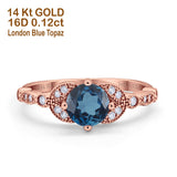 14K Rose Gold 0.96ct Round Art Deco 6mm G SI London Blue Topaz Diamond Engagement Wedding Ring Size 6.5