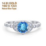 14K White Gold 0.96ct Round Art Deco 6mm G SI Natural Blue Topaz Diamond Engagement Wedding Ring Size 6.5