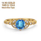 14K Yellow Gold 0.96ct Round Art Deco 6mm G SI Natural Blue Topaz Diamond Engagement Wedding Ring Size 6.5