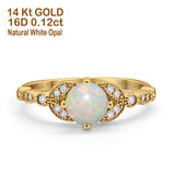 14K Yellow Gold 0.12ct Round Art Deco 6mm G SI Natural White Opal Diamond Engagement Wedding Ring Size 6.5