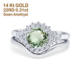 14K White Gold 1.59ct Round Two Piece Halo 7mm G SI Natural Green Amethyst Diamond Engagement Wedding Ring Size 6.5