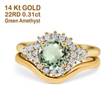 14K Yellow Gold 1.59ct Round Two Piece Halo 7mm G SI Natural Green Amethyst Diamond Engagement Wedding Ring Size 6.5