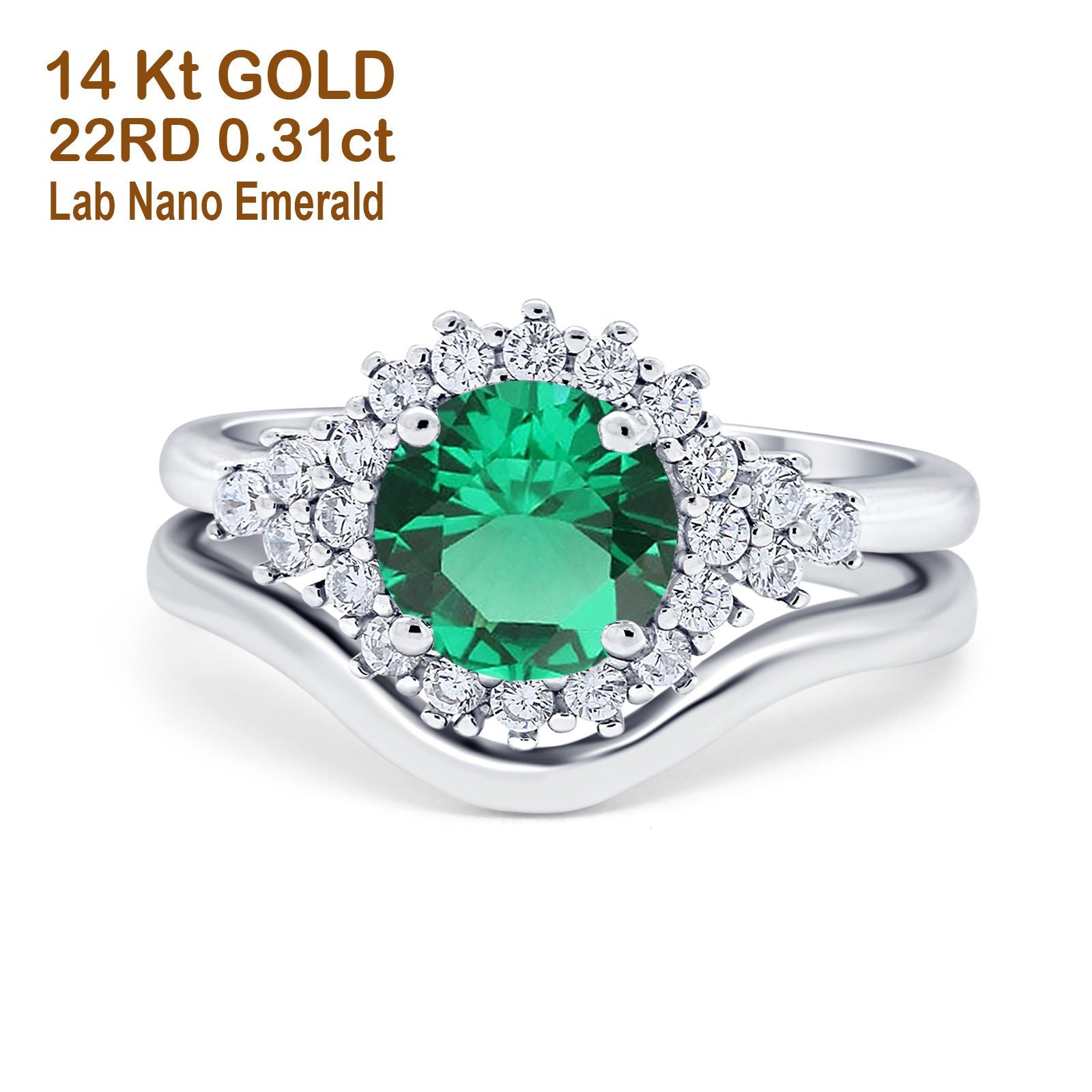 14K White Gold 1.59ct Round Two Piece Halo 7mm G SI Nano Emerald Diamond  Engagement Wedding Ring Size 6.5