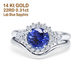 14K White Gold 1.59ct Round Two Piece Halo 7mm G SI Nano Blue Sapphire Diamond Engagement Wedding Ring Size 6.5