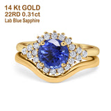 14K Yellow Gold 1.59ct Round Two Piece Halo 7mm G SI Nano Blue Sapphire Diamond Engagement Wedding Ring Size 6.5