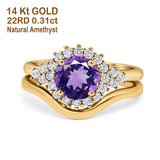 14K Yellow Gold 1.59ct Round Two Piece Halo 7mm G SI Natural Amethyst Diamond Engagement Wedding Ring Size 6.5