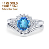 14K White Gold 1.59ct Round Two Piece Halo 7mm G SI Natural Blue Topaz Diamond Engagement Wedding Ring Size 6.5