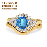 14K Yellow Gold 1.59ct Round Two Piece Halo 7mm G SI Natural Blue Topaz Diamond Engagement Wedding Ring Size 6.5