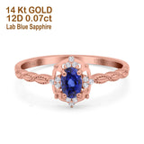 14K Rose Gold 0.5ct Oval Vintage Floral 6mmx4mm G SI Nano Blue Sapphire Diamond Engagement Wedding Ring Size 6.5
