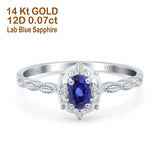 14K White Gold 0.5ct Oval Vintage Floral 6mmx4mm G SI Nano Blue Sapphire Diamond Engagement Wedding Ring Size 6.5