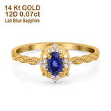 14K Yellow Gold 0.5ct Oval Vintage Floral 6mmx4mm G SI Nano Blue Sapphire Diamond Engagement Wedding Ring Size 6.5