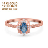 14K Rose Gold 0.5ct Oval Vintage Floral 6mmx4mm G SI London Blue Topaz Diamond Engagement Wedding Ring Size 6.5