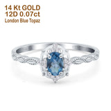 14K White Gold 0.5ct Oval Vintage Floral 6mmx4mm G SI London Blue Topaz Diamond Engagement Wedding Ring Size 6.5