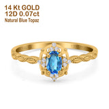 14K Yellow Gold 0.5ct Oval Vintage Floral 6mmx4mm G SI Natural Blue Topaz Diamond Engagement Wedding Ring Size 6.5