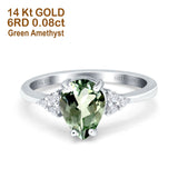 14K White Gold 1.33ct Teardrop Pear 8mmx6mm G SI Natural Green Amethyst Diamond Engagement Wedding Ring Size 6.5