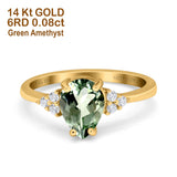 14K Yellow Gold 1.33ct Teardrop Pear 8mmx6mm G SI Natural Green Amethyst Diamond Engagement Wedding Ring Size 6.5