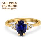 14K Yellow Gold 1.33ct Teardrop Pear 8mmx6mm G SI Nano Blue Sapphire Diamond Engagement Wedding Ring Size 6.5