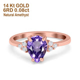 14K Rose Gold 1.33ct Teardrop Pear 8mmx6mm G SI Natural Amethyst Diamond Engagement Wedding Ring Size 6.5