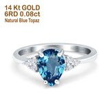 14K White Gold 1.33ct Teardrop Pear 8mmx6mm G SI Natural Blue Topaz Diamond Engagement Wedding Ring Size 6.5