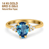 14K Yellow Gold 1.33ct Teardrop Pear 8mmx6mm G SI Natural Blue Topaz Diamond Engagement Wedding Ring Size 6.5