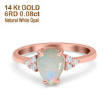 14K Rose Gold 0.08ct Teardrop Pear 8mmx6mm G SI Natural White Opal Diamond Engagement Wedding Ring Size 6.5