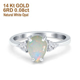 14K White Gold 0.08ct Teardrop Pear 8mmx6mm G SI Natural White Opal Diamond Engagement Wedding Ring Size 6.5