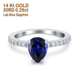 14K White Gold 1.54ct Teardrop Pear Accent 8mmx6mm G SI Nano Blue Sapphire Diamond Engagement Wedding Ring Size 6.5