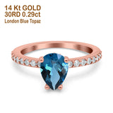 14K Rose Gold 1.54ct Teardrop Pear Accent 8mmx6mm G SI London Blue Topaz Diamond Engagement Wedding Ring Size 6.5