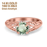 14K Rose Gold 1.11ct Round Art Deco Filigree 6.5mm G SI Natural Green Amethyst Diamond Engagement Wedding Ring Size 6.5