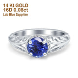 14K White Gold 1.11ct Round Art Deco Filigree 6.5mm G SI Nano Blue Sapphire Diamond Engagement Wedding Ring Size 6.5