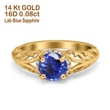 14K Yellow Gold 1.11ct Round Art Deco Filigree 6.5mm G SI Nano Blue Sapphire Diamond Engagement Wedding Ring Size 6.5