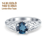 14K White Gold 1.11ct Round Art Deco Filigree 6.5mm G SI London Blue Topaz Diamond Engagement Wedding Ring Size 6.5