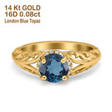 14K Yellow Gold 1.11ct Round Art Deco Filigree 6.5mm G SI London Blue Topaz Diamond Engagement Wedding Ring Size 6.5