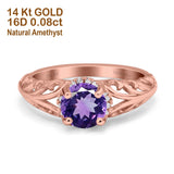 14K Rose Gold 1.11ct Round Art Deco Filigree 6.5mm G SI Natural Amethyst Diamond Engagement Wedding Ring Size 6.5