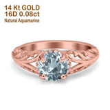 14K Rose Gold 1.11ct Round Art Deco Filigree 6.5mm G SI Natural Aquamarine Diamond Engagement Wedding Ring Size 6.5